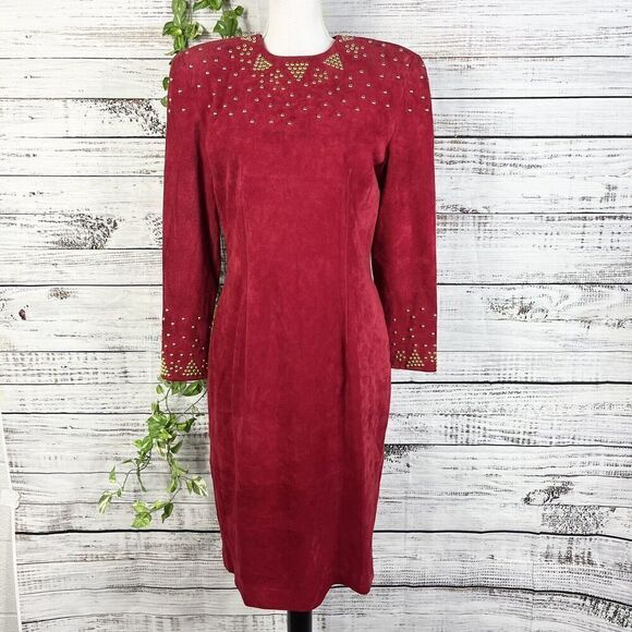 Pia Rucci Vintage Red Leather Dress size 12 Gold Studs 80's Dynasty Christmas - Picture 2 of 16